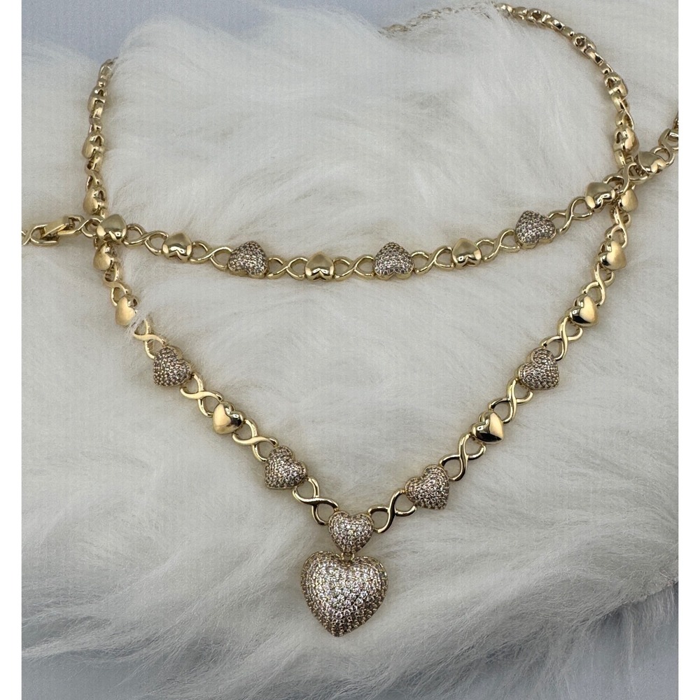 Gold Plated Heart Infinity Necklace and Bracelet Set Pave Crystal Accents